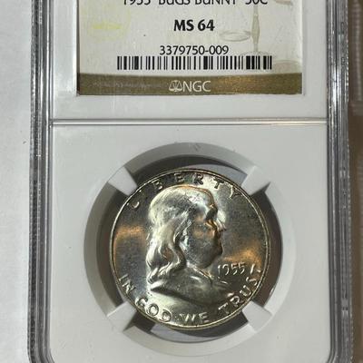 NGC CERTIFIED 1955 "BUGS BUNNY" NICE ORIGINAL MS64 GRADED FRANKLIN SILVER HALF DOLLAR AS PICTURED.