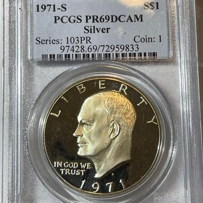 PCGS CERTIFIED 1971-S PROOF69 DEEP CAMEO SILVER EISENHOWER DOLLAR AS PICTURED.