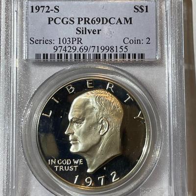 PCGS CERTIFIED 1972-S PROOF69 DEEP CAMEO SILVER EISENHOWER DOLLAR AS PICTURED.