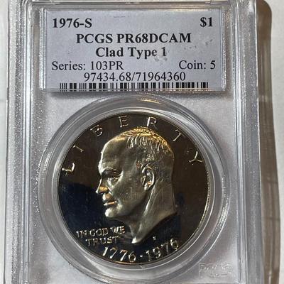PCGS CERTIFIED 1976-S TYPE-I PROOF68 DEEP CAMEO CLAD EISENHOWER DOLLAR AS PICTURED.