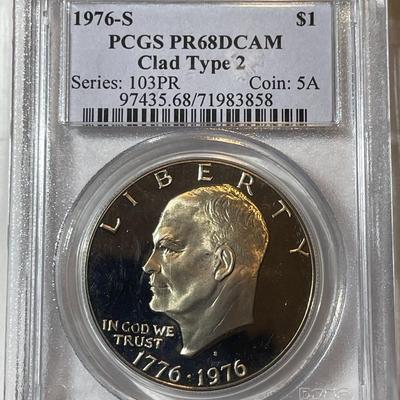 PCGS CERTIFIED 1976-S TYPE-II PROOF68 DEEP CAMEO CLAD EISENHOWER DOLLAR AS PICTURED.