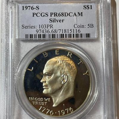 PCGS CERTIFIED 1976-S PROOF68 DEEP CAMEO SILVER EISENHOWER DOLLAR AS PICTURED.