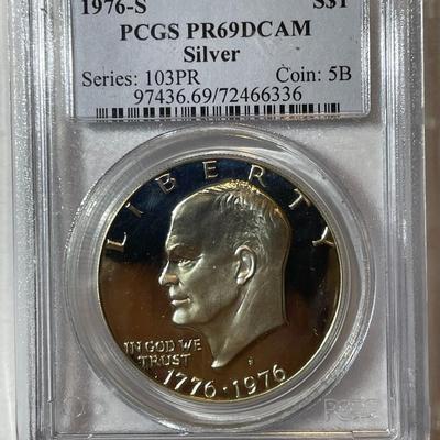 PCGS CERTIFIED 1976-S PROOF69 DEEP CAMEO SILVER EISENHOWER DOLLAR AS PICTURED.