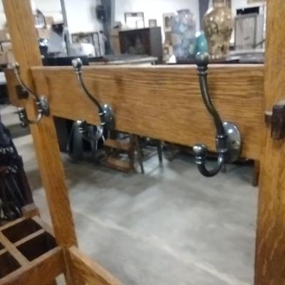Vintage Solid Oak Hall Tree Umbrella Stand and Coat Rack
