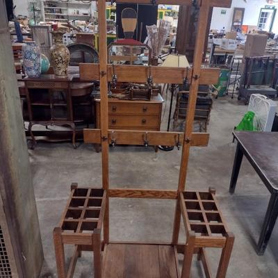 Vintage Solid Oak Hall Tree Umbrella Stand and Coat Rack