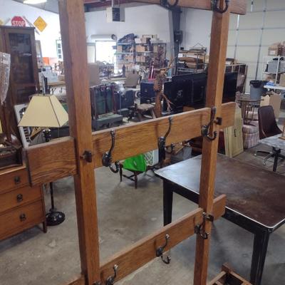 Vintage Solid Oak Hall Tree Umbrella Stand and Coat Rack