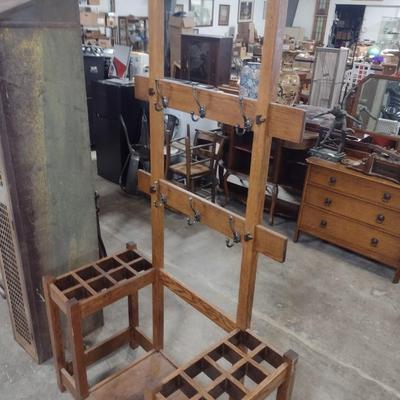Vintage Solid Oak Hall Tree Umbrella Stand and Coat Rack