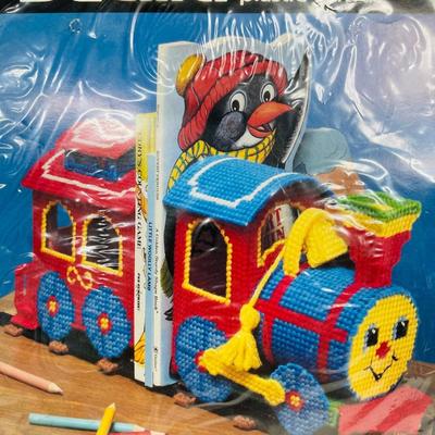 Bucilla Storybook Train Bookends Plastic Canvas Kit. - Train Primary Colors - Needlepoint