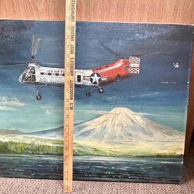 Vintage Military Art Oil on Canvas Painting by J. Ogawa H-21 Helicopter