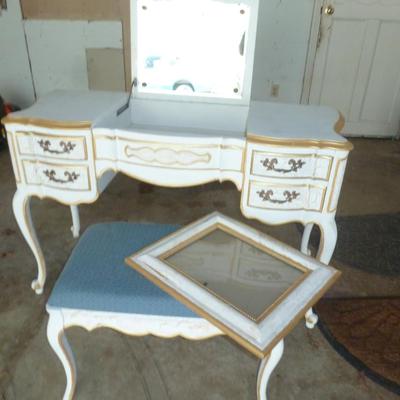 Vintage French Provincial Vanity Table with Matching Stool and Picture Frame
