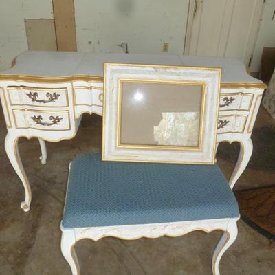 Vintage French Provincial Vanity Table with Matching Stool and Picture Frame