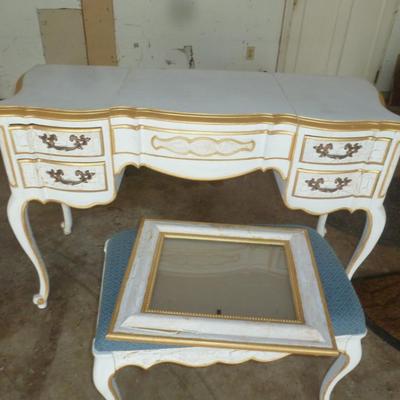 Vintage French Provincial Vanity Table with Matching Stool and Picture Frame