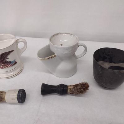 Set of Ceramic and Metal Shave Mugs and Cream Brushes