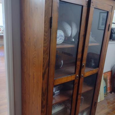 Antique Double Glass Door Oak Storage Cabinet (No Contents)