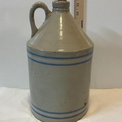 Vintage Crock Pottery Jug with blue strips, stoneware