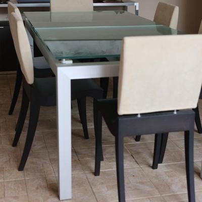 LIGNE ROSET Extendable Glass Table with Ten Dining Chairs