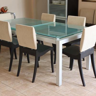 LIGNE ROSET Extendable Glass Table with Ten Dining Chairs
