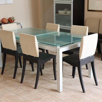 LIGNE ROSET Extendable Glass Table with Ten Dining Chairs