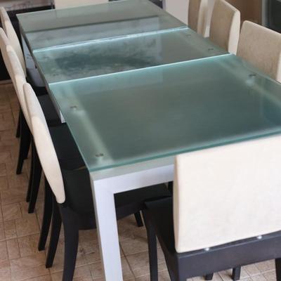 LIGNE ROSET Extendable Glass Table with Ten Dining Chairs