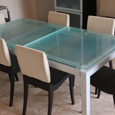 LIGNE ROSET Extendable Glass Table with Ten Dining Chairs