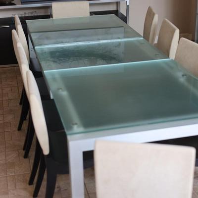 LIGNE ROSET Extendable Glass Table with Ten Dining Chairs