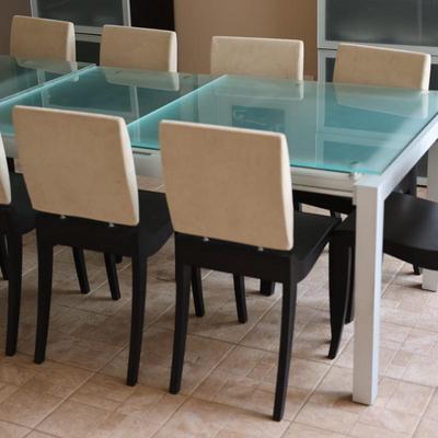 LIGNE ROSET Extendable Glass Table with Ten Dining Chairs