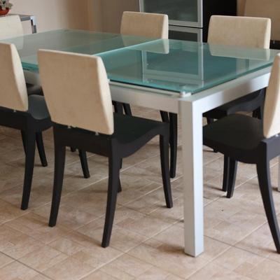 LIGNE ROSET Extendable Glass Table with Ten Dining Chairs
