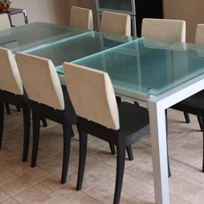 LIGNE ROSET Extendable Glass Table with Ten Dining Chairs