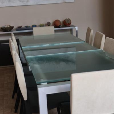 LIGNE ROSET Extendable Glass Table with Ten Dining Chairs