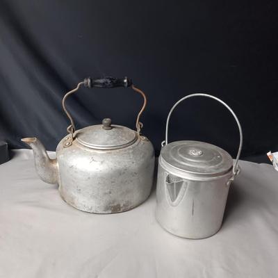 ALUMINUM KETTLE WITH WOOD HANDLE AND A COFFEE POT
