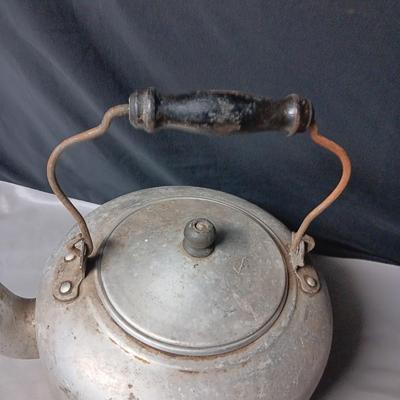 ALUMINUM KETTLE WITH WOOD HANDLE AND A COFFEE POT