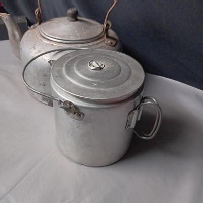 ALUMINUM KETTLE WITH WOOD HANDLE AND A COFFEE POT