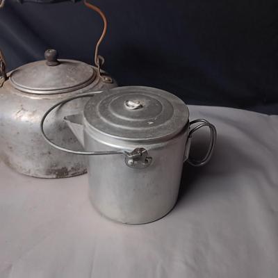 ALUMINUM KETTLE WITH WOOD HANDLE AND A COFFEE POT