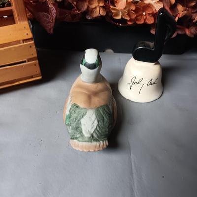 TRIPLE CANDLE FALL DECOR CENTERPIECE, WOOD & WICKER BASKETS, JOHNNY CASH BELL AND CERAMIC DUCK