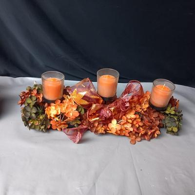 TRIPLE CANDLE FALL DECOR CENTERPIECE, WOOD & WICKER BASKETS, JOHNNY CASH BELL AND CERAMIC DUCK