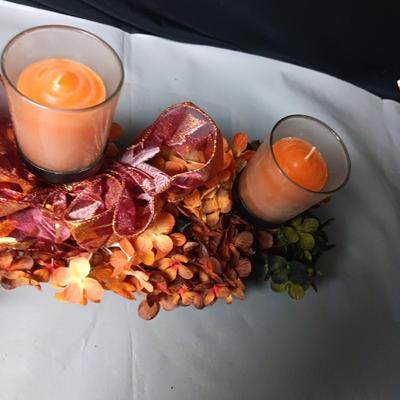 TRIPLE CANDLE FALL DECOR CENTERPIECE, WOOD & WICKER BASKETS, JOHNNY CASH BELL AND CERAMIC DUCK