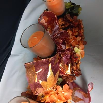 TRIPLE CANDLE FALL DECOR CENTERPIECE, WOOD & WICKER BASKETS, JOHNNY CASH BELL AND CERAMIC DUCK