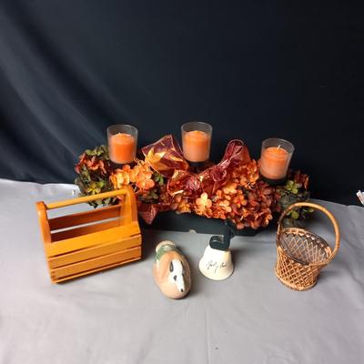 TRIPLE CANDLE FALL DECOR CENTERPIECE, WOOD & WICKER BASKETS, JOHNNY CASH BELL AND CERAMIC DUCK