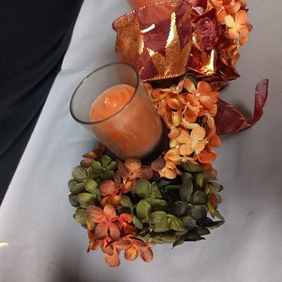 TRIPLE CANDLE FALL DECOR CENTERPIECE, WOOD & WICKER BASKETS, JOHNNY CASH BELL AND CERAMIC DUCK