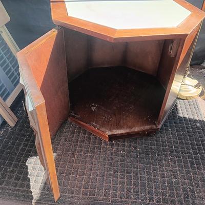 OCTAGON END TABLE WITH MARBLE TOP AND LARGE STORAGE SPACE PLUS FLOOR LAMP