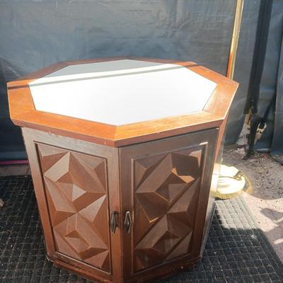 OCTAGON END TABLE WITH MARBLE TOP AND LARGE STORAGE SPACE PLUS FLOOR LAMP
