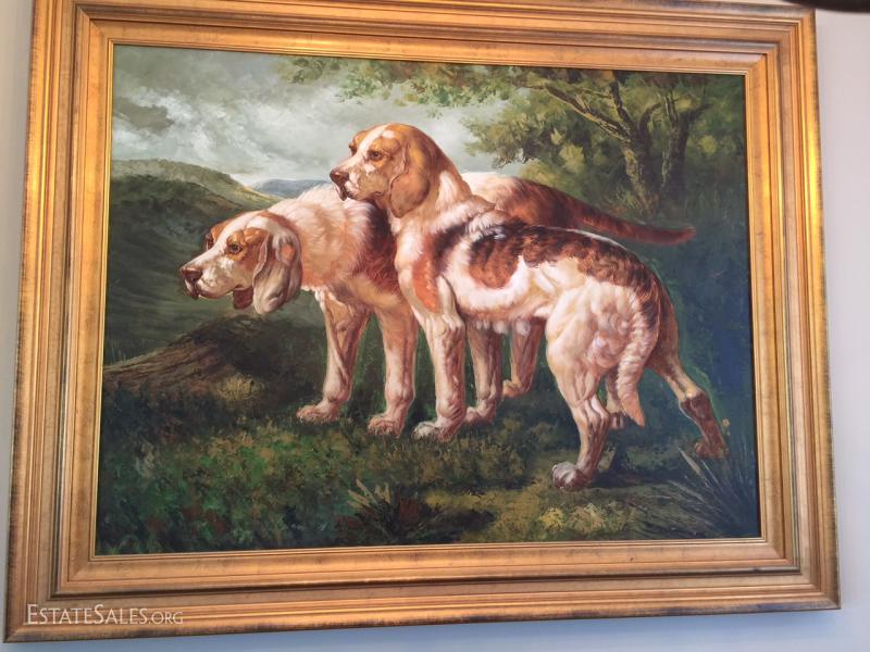 Ethan Allen Oil on Canvas "Two Hounds at Play" painting in Gold Frame
