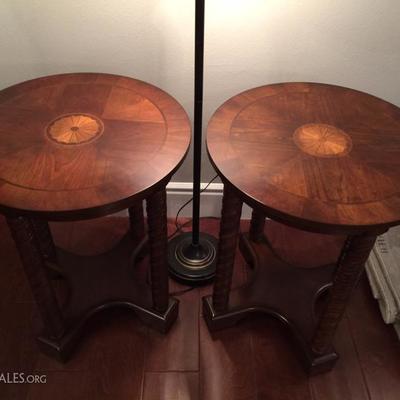 Set of 2 Beautiful Antique Wood Enlay Side Tables 