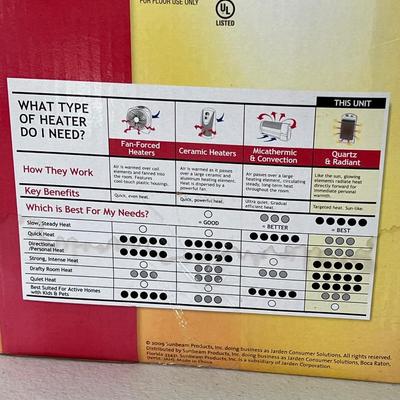 SUNBEAM ~ Quartz Heater With Adjustable Thermostat