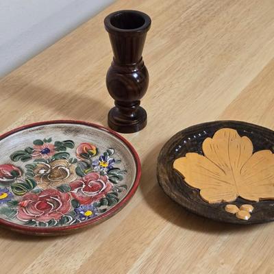 Vintage German Wood Deco Plates and Vase