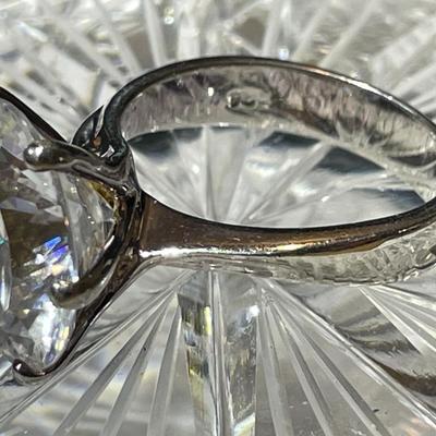 Vintage Huge CZ .925 Sterling Silver Engagement Style Ring Size-9 in Very Good Preowned Condition.