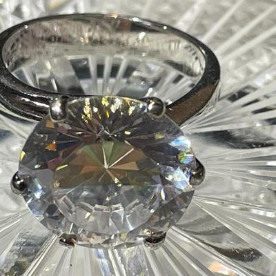 Vintage Huge CZ .925 Sterling Silver Engagement Style Ring Size-9 in Very Good Preowned Condition.