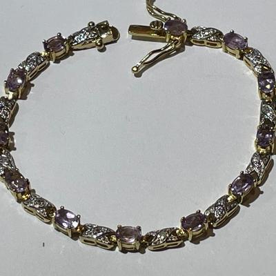 Vintage Estate .925 Gold-toned Sterling Silver Amethyst Color Stone Tennis Bracelet 7-1/3" in Good Preowned Condition.