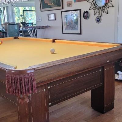 Wood Pool Table and Hanging Light