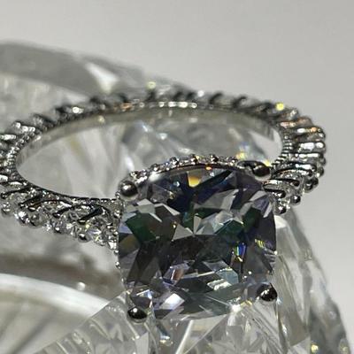 Vintage Estate Unique .925 Sterling Silver Size 9 Engagement Ring w/CZ's Mounted all Around in Never Worn Preowned Condition.